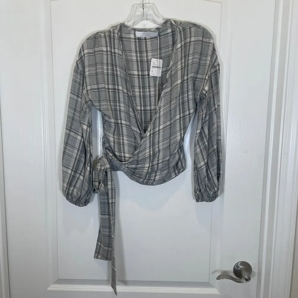 Free People Delacy Gray White Plaid Print Wrap Shirt‎ Long Sleeve NWT S